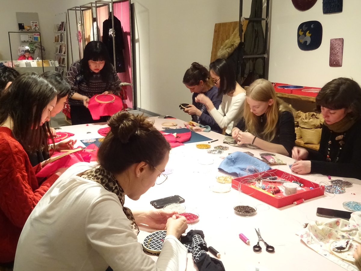 StudyInPragueCZ's tweet photo. All the participants of the creative beading workshop that took place in the UM Gallery last week, enjoyed the workshop very much. Many of them redesigned their old garments with their own bead patterns @UMPRUMKA #studyinprague #workshop #becreative https://t.co/uECxN22HCK
