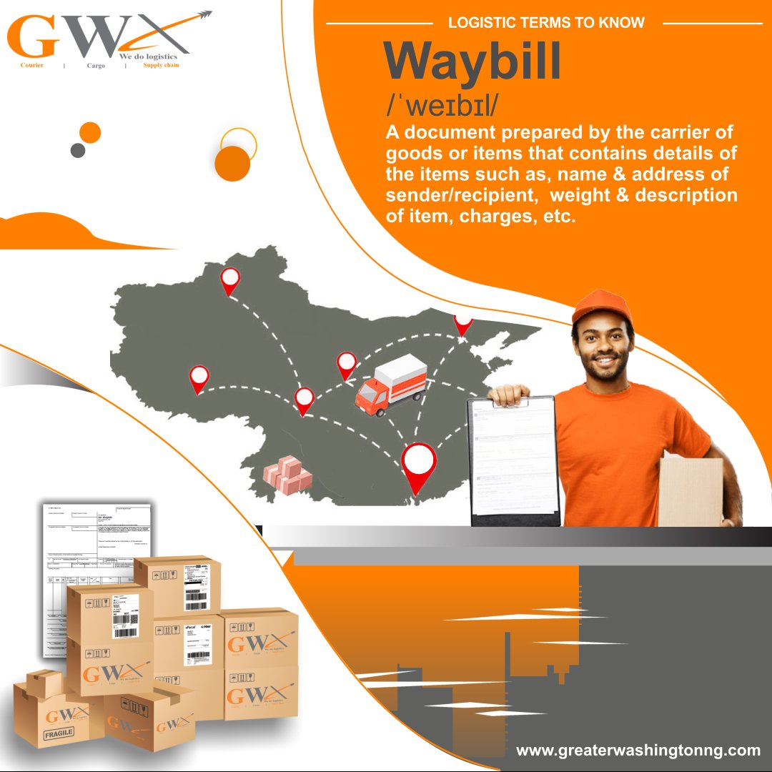gwxlogistics's tweet image. It is important for anyone who sends &amp;amp; receives items to understand the terms relating to Logistics. Here&apos;s an important one because it comes with all your shipments. 👉🏾 WAYBILL.

#GWXLogistics #WeDoLogistics #LogisticsTerms