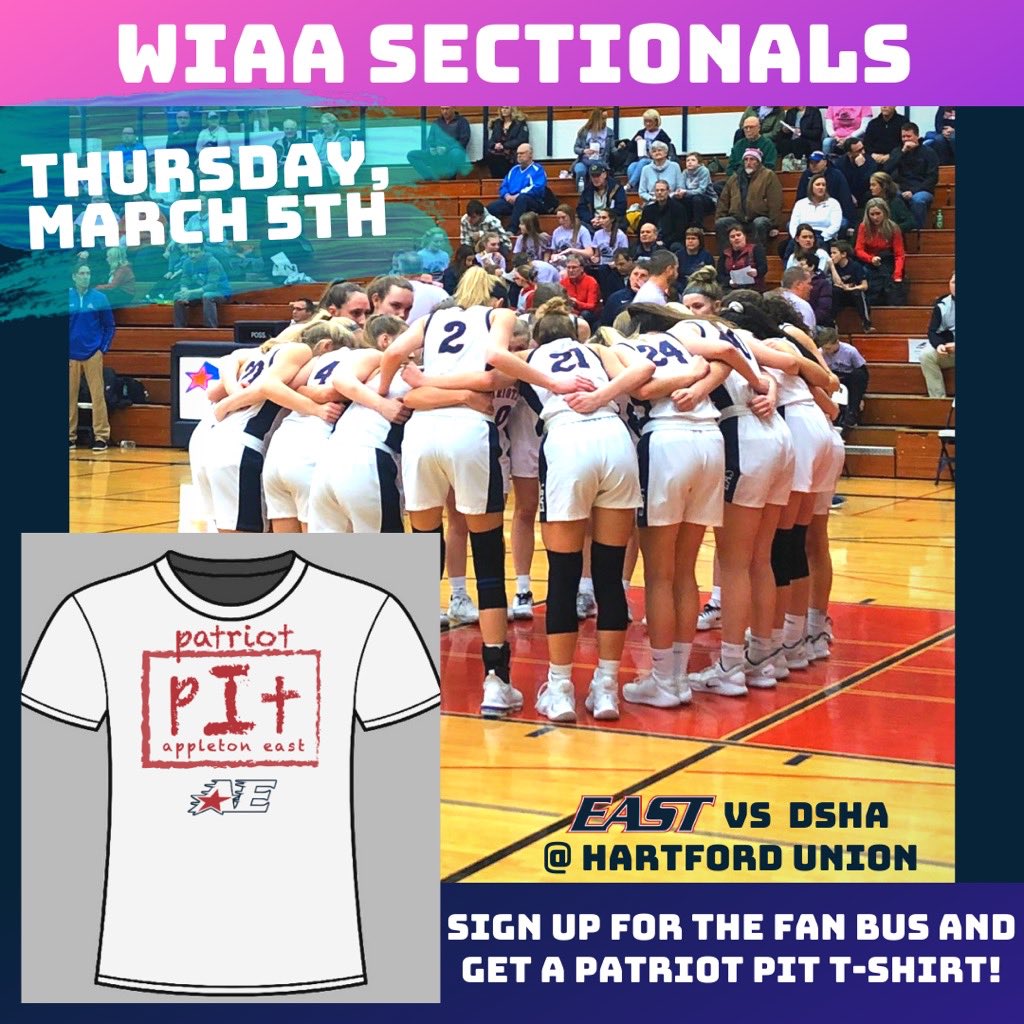 AE_PatriotPit's tweet photo. Theme for this weeks sectional semifinal against Divine Holy Savior will be white out!! Sign up for the fan bus and get your $10 in before lunch on Thursday to ride the bus and get a free patriot pit shirt!!👻⚪️ @AppletonEast @appletoneastgbb https://t.co/ATlqxGXcPG