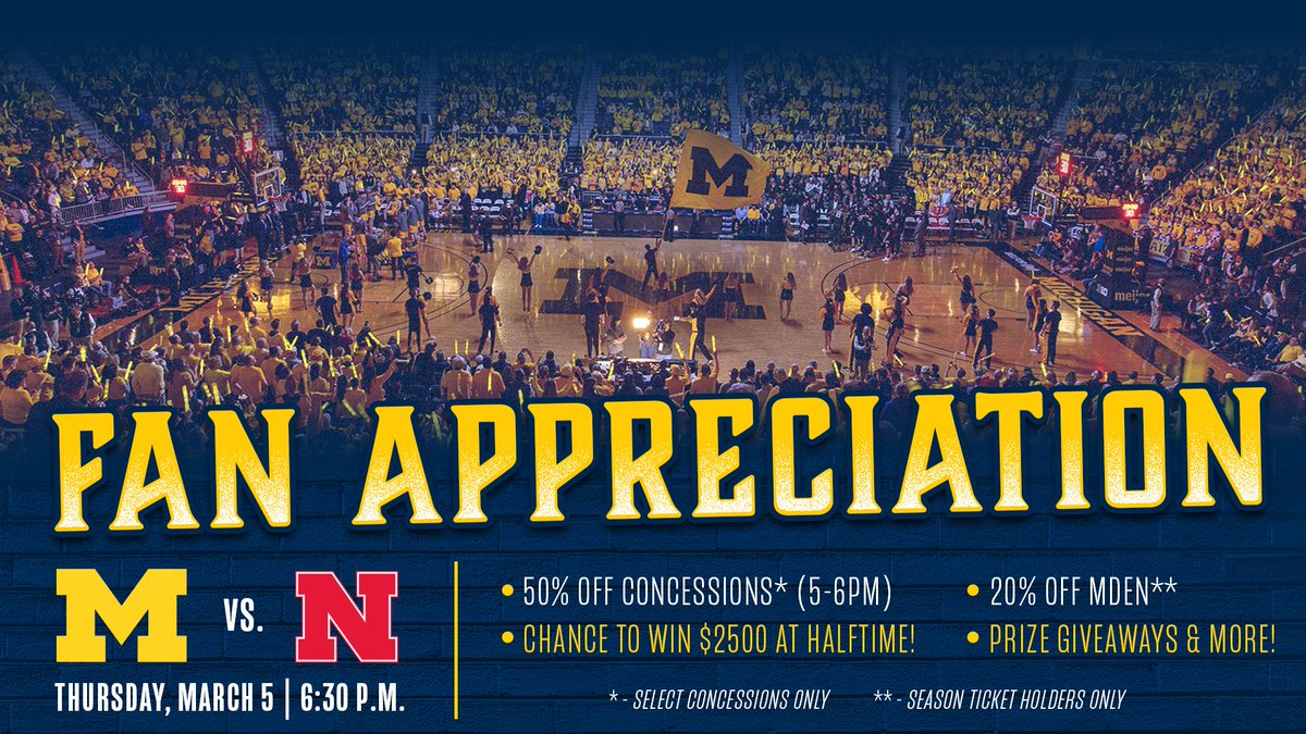 umichbball's tweet photo. We want to show you, our fans, some 💛 on Thursday!

50% off selected concessions
Prize Giveaways
Chance to win 💵
and more ...

#GoBlue 〽️🏀 https://t.co/igqSi4SLYT