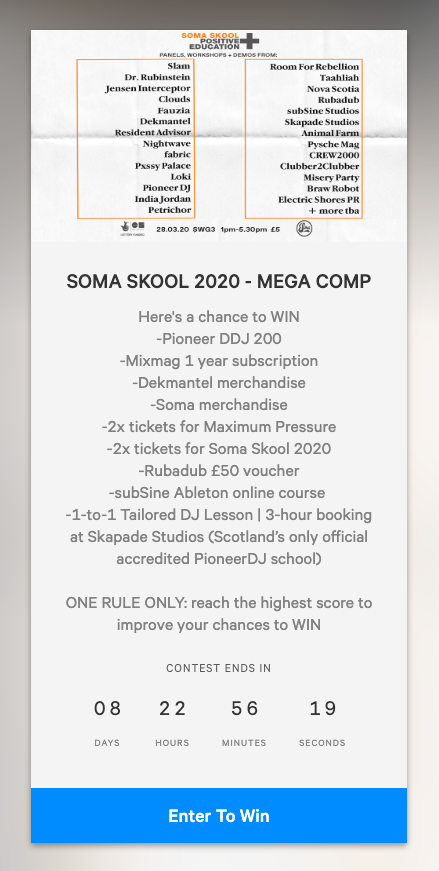 SomaRecords's tweet photo. 🎊 #SomaSkool 2020 - MEGA COMP🎊 
Here's a chance to WIN:  @PioneerDJUK | @Mixmag  | @dkmntl | Maximum @PressureGlasgow at @SWG3glasgow | @rubadub_glasgow | @subsineacademy | @SkapadeStudios  🎉 GOOD LUCK 👉🏻 https://t.co/2zVqCky9jT https://t.co/ZNvCq14Hnz