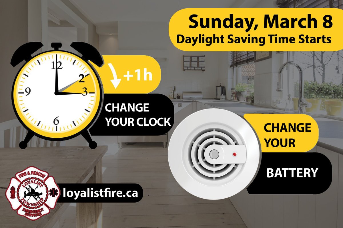 LoyalistFire's tweet photo. It's time to Spring Forward this Sunday! When you are changing your clocks, take a moment to also change your smoke alarm and carbon monoxide batteries. https://t.co/O842qpm8kE