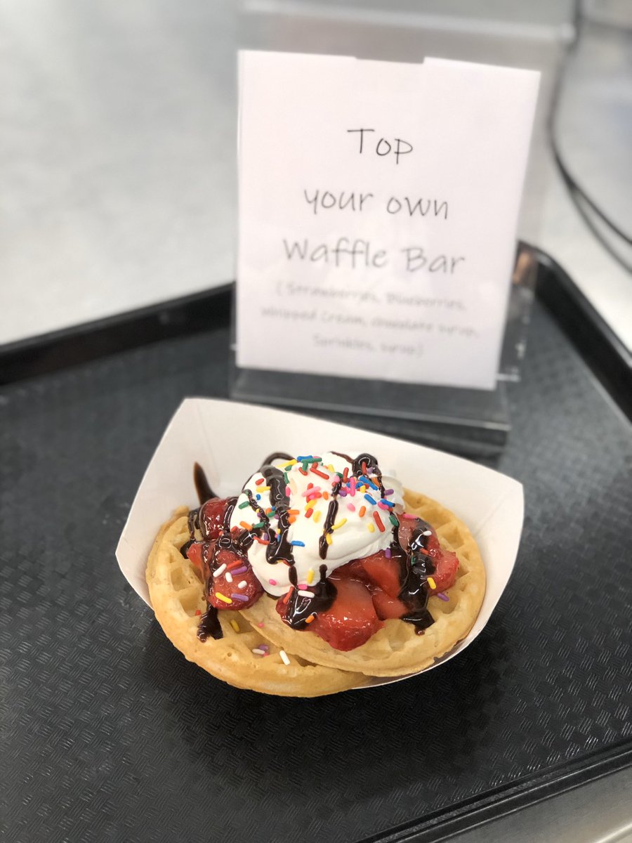 DineLitchfield's tweet photo. Because it’s National School Breakfast Week... we are trying some new items!! Did you try our Top Your Own Waffle Bar? If you missed us today, come back tomorrow for Lava Cake Muffins in Strawberry or Chocolate! @mperezCHS https://t.co/Dsa30EMOej