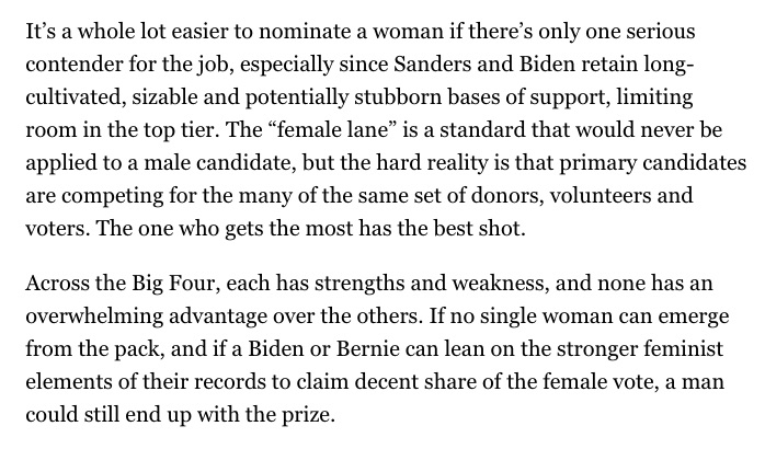 Not that I completely discounted Bernie. In fact in my '17: "Why 2020 Will Be the Year of the Woman," I ended by noting unless voters consolidated around a single woman, we'd get a Biden-Bernie race  https://www.politico.com/magazine/story/2017/11/24/2020-year-of-woman-democrats-post-weinstein-kamala-harris-klobuchar-gillibrand-warren-215860