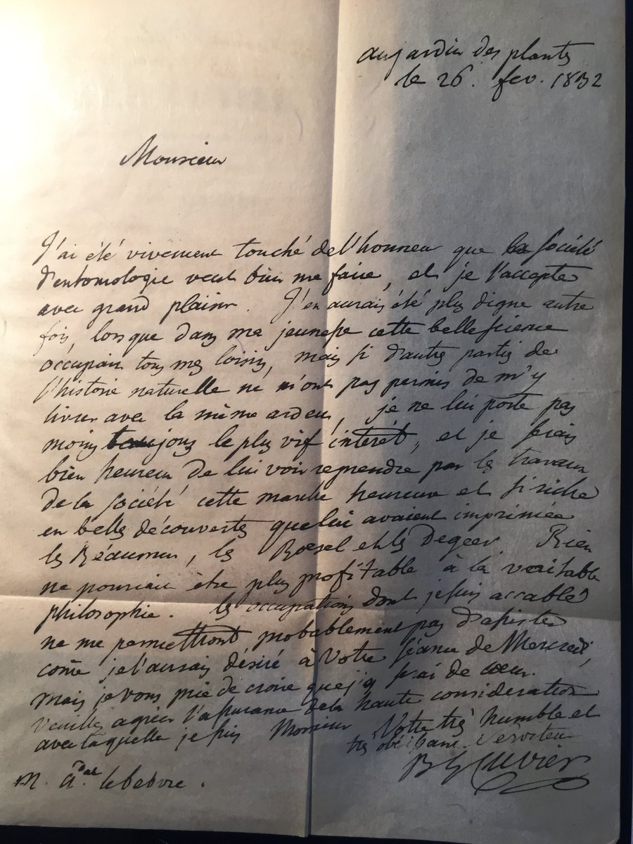 Duboule's tweet photo. Treasures hidden in old books. A letter from Cuvier, Jardin des plantes Feb 1832 (few months before passing away). ‘..l’assurance de la haute considération avec laquelle je suis, Monsieur, votre très humble et très obéissant serviteur’. (translation: 'See U') #DuStyle https://t.co/B2RQayszFg