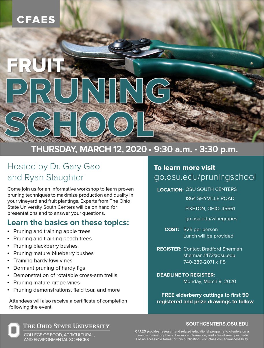 Learn proven pruning techniques to help maximize production and quality in your fruit plantings and vineyards by attending Fruit Pruning School at OSU South Centers March 12.
More info: southcenters.osu.edu/events/fruit-p…
Call 740-289-2071 x 115 or email sherman.1473@osu.edu to register.