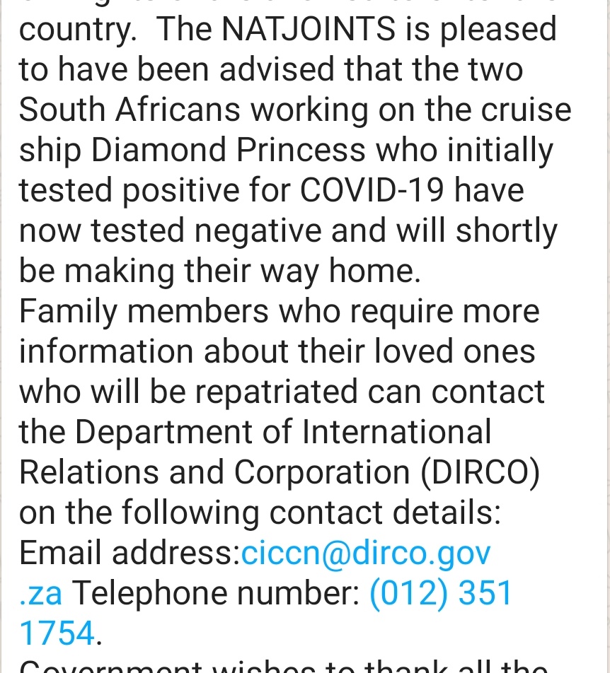 BREAKING: Two South Africans that initially tested POSITIVE for the #CoronaVirus who were on board the Japanese cruiseship Diamond Princess, have now tested NEGATIVE and will be coming HOME - Government Communications
#SABCNEWS pic.x.com/vOZ1M1DIRx