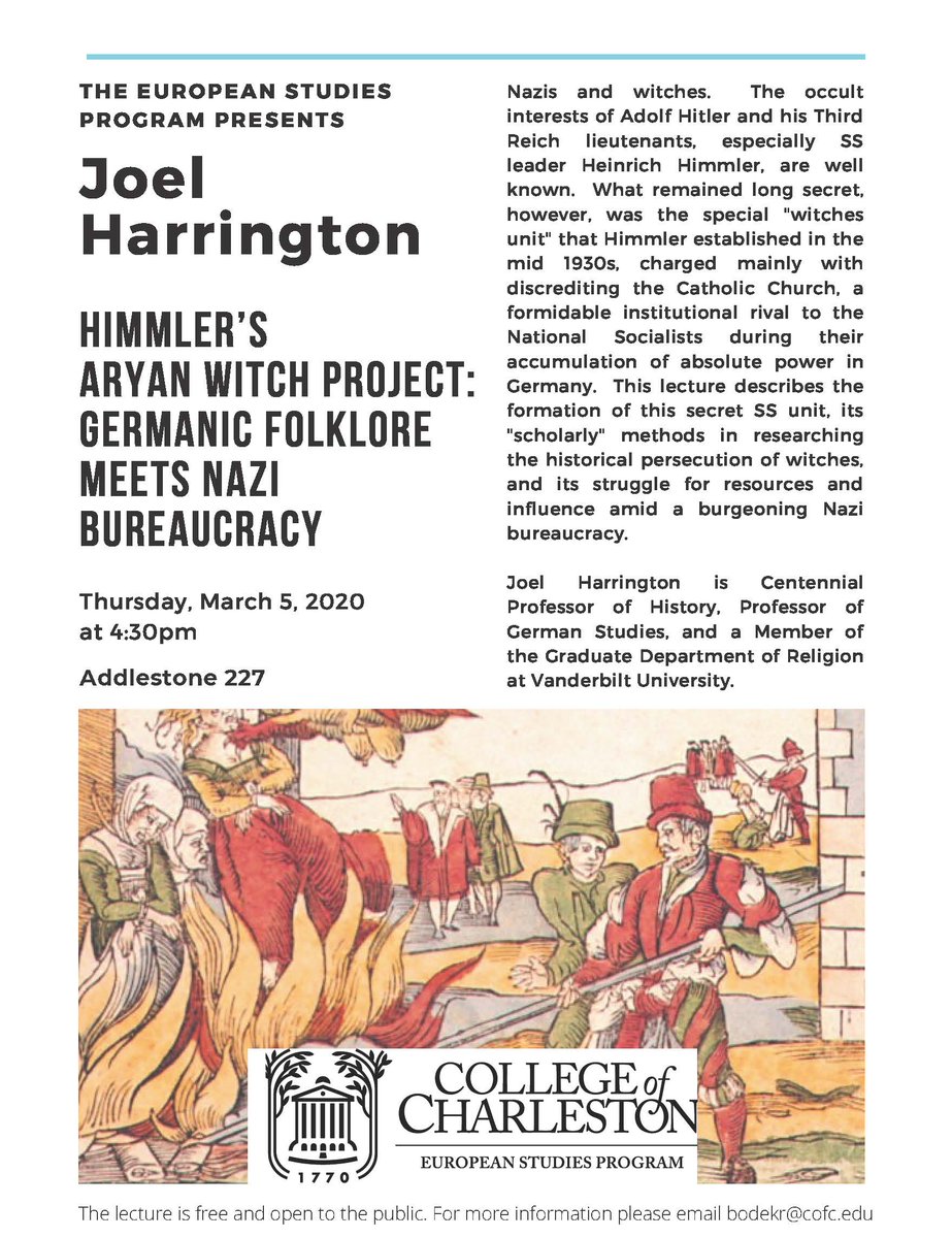 LCWA_CofC's tweet photo. TODAY is Joel Harrington Himmler’s Aryan Witch Project: Germanic Folklore Meets Nazi Bureaucracy.
4:30pm in Addlestone Library, room 227 https://t.co/LeySn1Qbw8