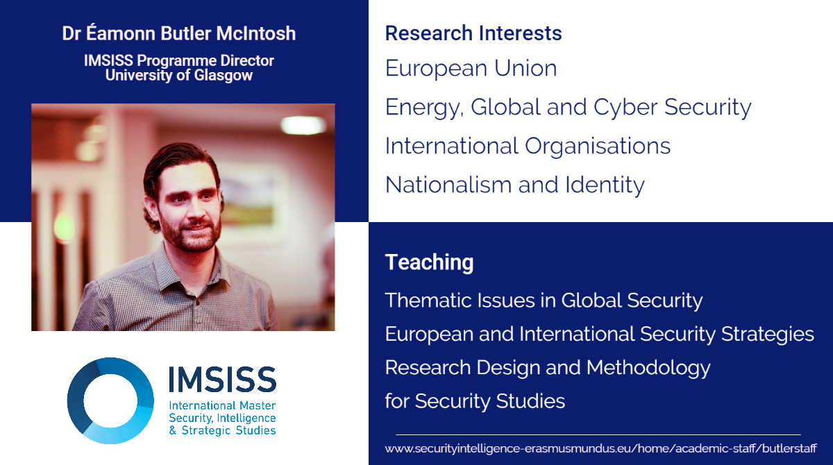 ErasmusIMSISS's tweet photo. Meet our @UofGlasgow Programme Director👇
Éamonn is a Senior Lecturer at @UofGSPS and has played a leading role on the development of Security Studies master’s degree programmes, including #IMSISS.
See full profile at https://t.co/tTL7V2au75 https://t.co/8mORVLOZ6V