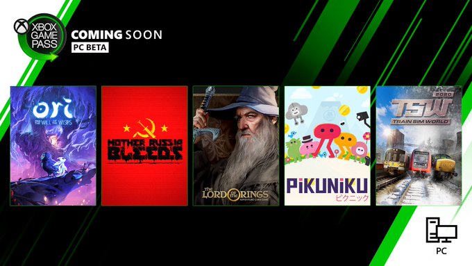 Black and green back ground with box art from 5 games. The box art games include, Ori and the Will of the Wips, Mother Russia Bleeds, The Lord of the Rings, Pikuniku, and Train Sim World.