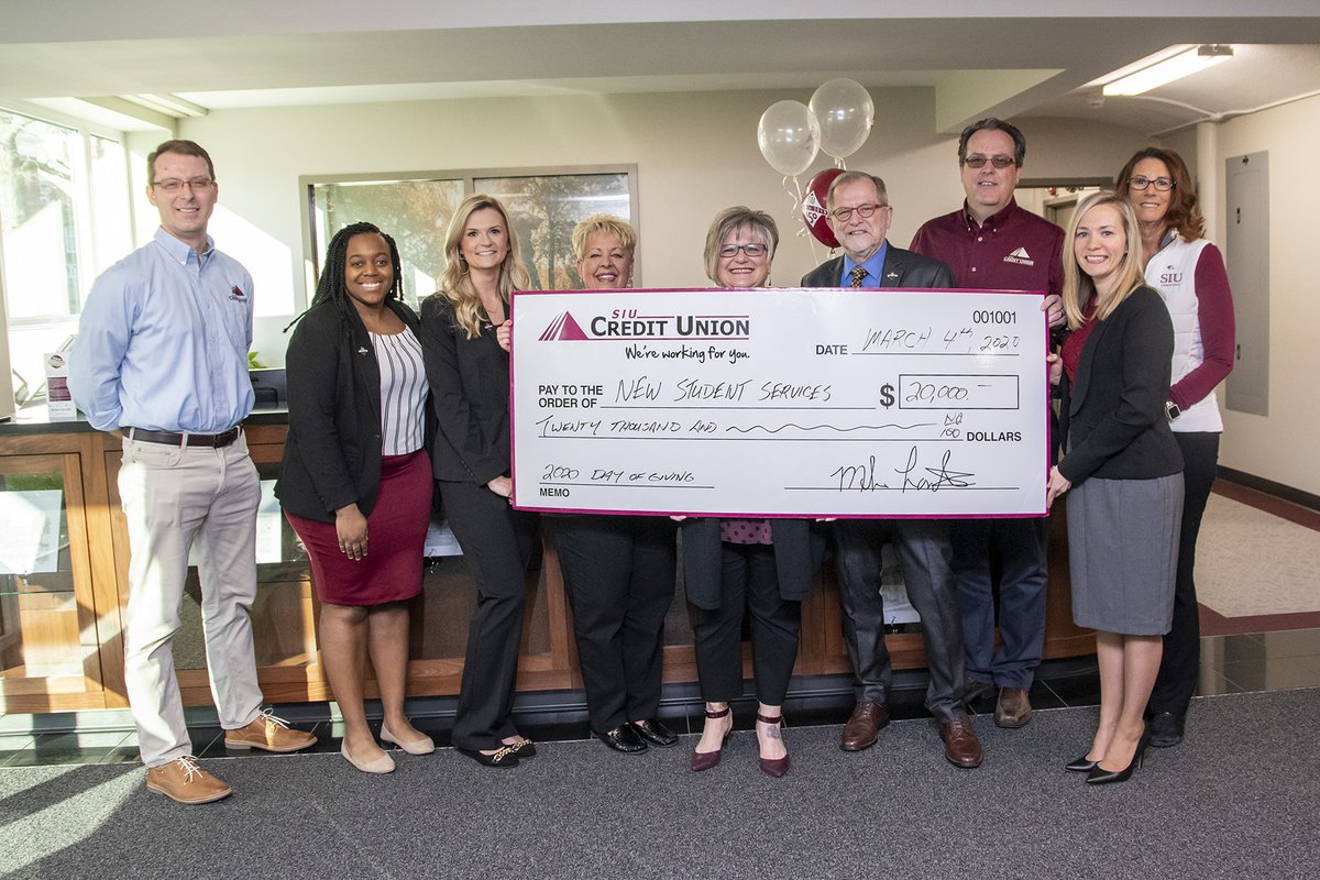 SIUFoundation's tweet photo. SIU Credit Union kicks off the #SIUDAY of Giving with a gift of $20,000 to New Student Programs and $10,000 to Touch of Nature. More details to follow. Thank you for your support! Join @siucreditunion and make your gift today at https://t.co/8xyNUyWxij. 

@TouchofNature1 https://t.co/ACsD0AbK01