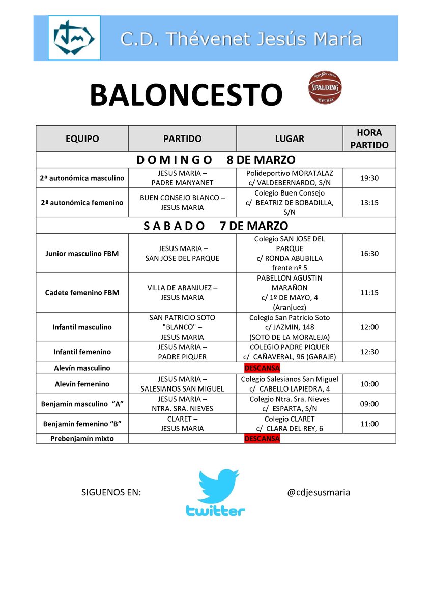 cdjesusmaria's tweet photo. Tras el parón del puente y el viaje de esqui @cdjesusmaria, los equipos de BASKET vuelven a la carga en @FBMadrid y @DeportesECM. Suerte a todos los equipos y que gane el mejor. #GoChusma https://t.co/I5b397zDaq
