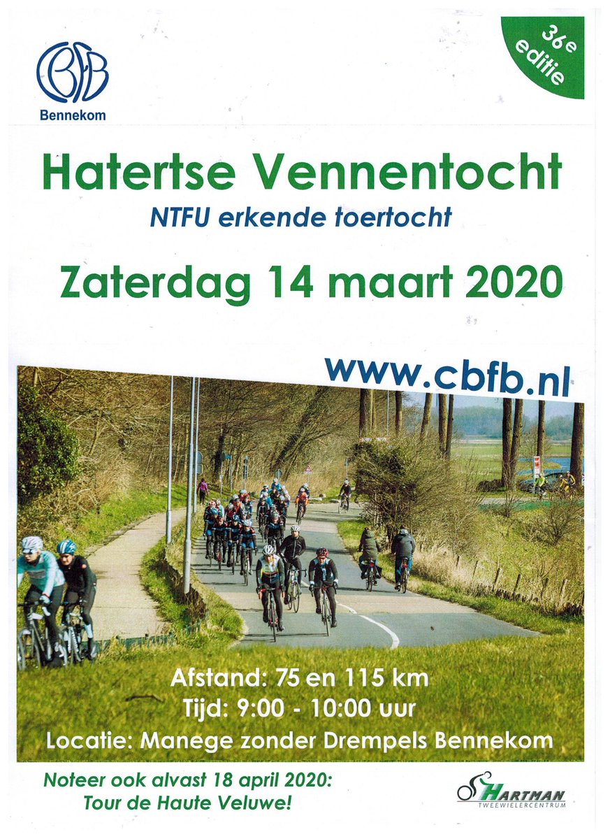 Zeer binnenkort wordt weer de Hatertse Vennentocht vanuit Bennekom gehouden. Een schitterende tocht die de deelnemers door het gebied ten zuiden van Nijmegen brengt. Voor degenen die dit gebied nog niet goede kennen is het een absolute aanrader. cbfb.nl