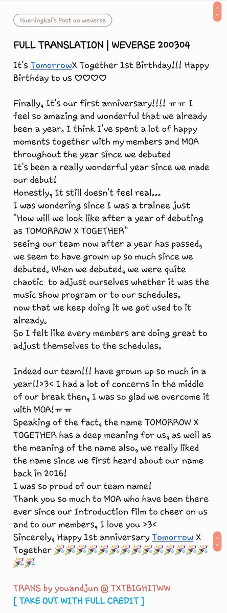 youandjun's tweet photo. [FULL TRANSLATION | HUENINGKAI ]

🐧 It's TomorrowX Together 1st Birthday!!! Happy Birthday to us!
Finally, It's our 1st anniversary!!!! ㅠㅠ I feel so amazing and wonderful that we already been a year.

#TXT1stAnniversary #TOMORROW_X_TOGETHER #txt_ourstarline #onedreamwithTXT https://t.co/bBy8vjPLY1