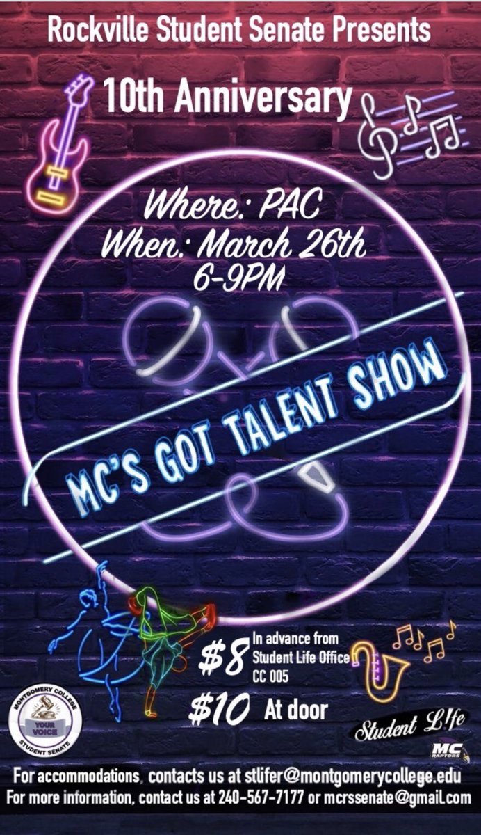 Studentlifetpss's tweet image. The Student Senate from Rockville campus are hosting MC Got Talent Show! The tickets are on sale and they are available on all 3 campuses in Student Life office and it is $8. It will be held on Thursday, March 26th in Rockville campus, PAC at 6-9pm. #mcproud #mcraptors #mctalent