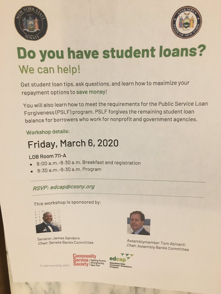 chuckbell's tweet photo. Struggling with student debt? Questions about navigating the student loan repayment system? Public service loan forgiveness? Learn more at Friday March 6 panel at Leg Office Bldg 711a in Albany More info: https://t.co/f5qQoP72L9 #StudentDebtCrisis #edcap https://t.co/yuE1JJhQqe