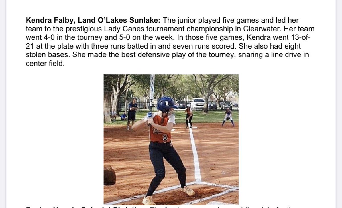 SunlakeSoftball's tweet photo. We 👀👀👀 you @kfalby7! Congratulations on your @miraclesoftball player of the week ! keep working hard ! @Seahawk__Nation @Sunlakesport1 #mudita #ourjourney #kendrafalby #2D4M https://t.co/nD0oO2RJPU