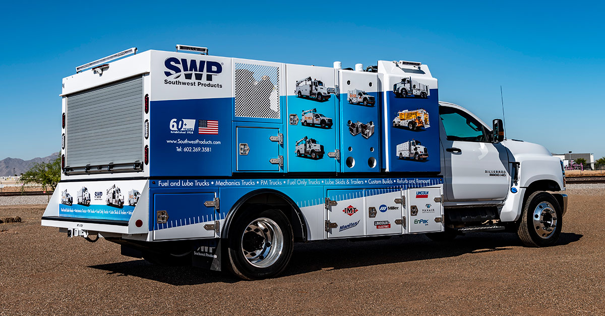 SWProducts's tweet photo. #ConExpo2020 Fuel and Lube Truck Special: 400 gal diesel tank, (4) 75 gal oil tanks, 50 gal DEF tank, 50 gal coolant tank, 120 lb grease keg, 30 cfm compressor built on a #Chevy6500HD chassis. See it and make an offer at the #SWP booth South Hall 2 - S64729 https://t.co/fUXWlQoSgC