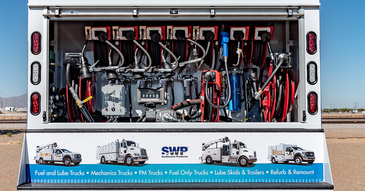SWProducts's tweet photo. #ConExpo2020 Fuel and Lube Truck Special: 400 gal diesel tank, (4) 75 gal oil tanks, 50 gal DEF tank, 50 gal coolant tank, 120 lb grease keg, 30 cfm compressor built on a #Chevy6500HD chassis. See it and make an offer at the #SWP booth South Hall 2 - S64729 https://t.co/fUXWlQoSgC