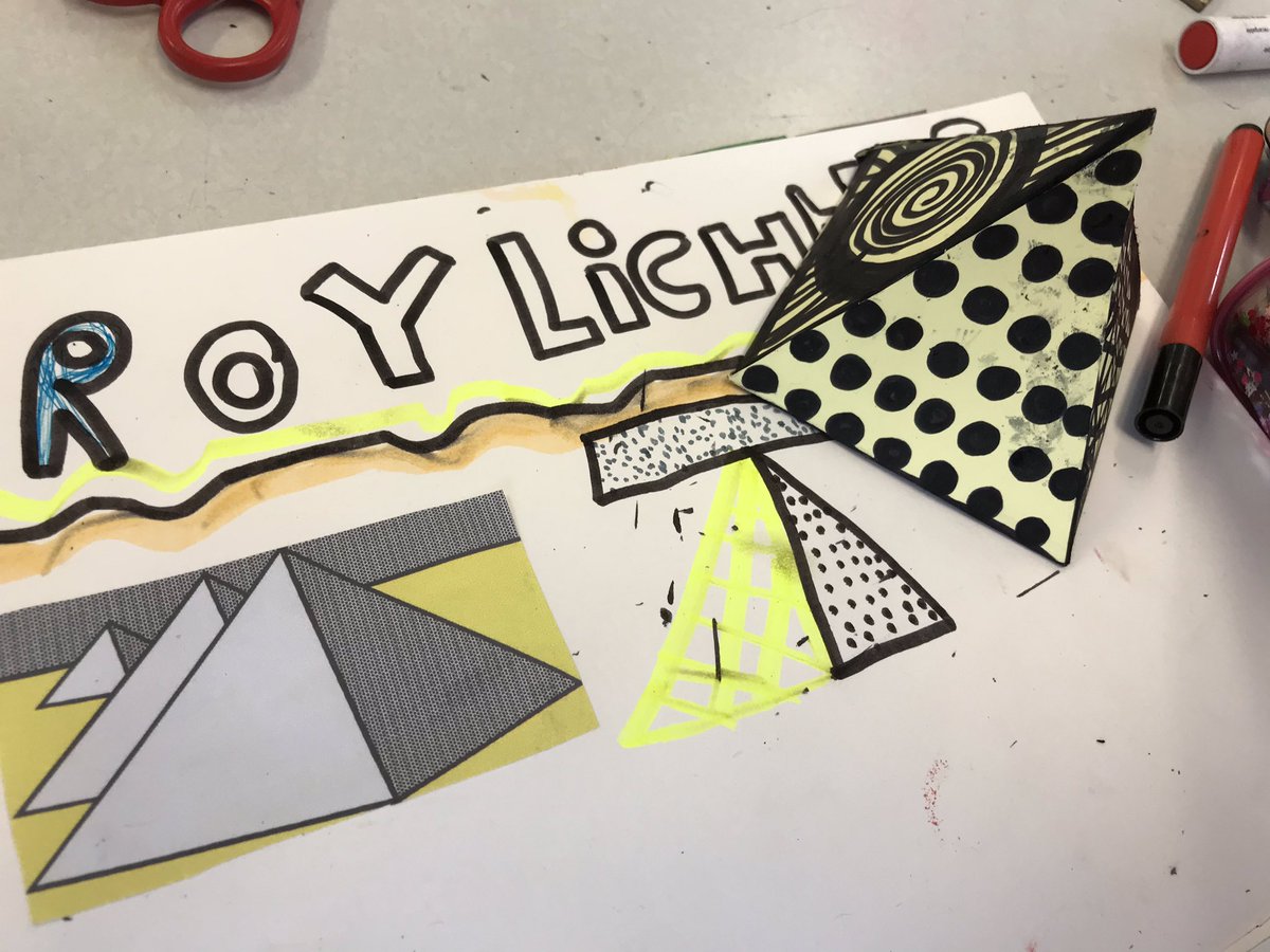 Creating 3D shapes inspired by Roy Lichtenstein - How would you construct a square based pyramid? What type of pattern would you use to decorate a face? How many faces are there to decorate? #WorldMathsDay inspired by <a href="/A_C_Collection/">Arts Council Collection</a> #onpaper education pack <a href="/nataliewalton78/">natalie walton</a>