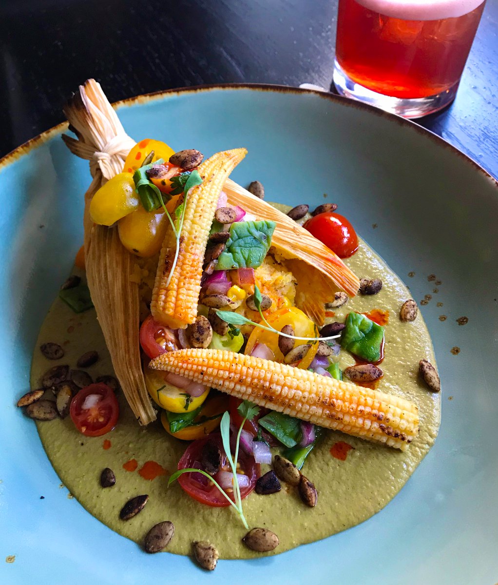 Mole Pipian at <a href="/TamayoDenver/">Tamayo Denver</a> - sweet corn tamal with roasted vegetables, nopal cactus salad &amp; pepitas (vegan &amp; vegetarian friendly). ¡Que rico!