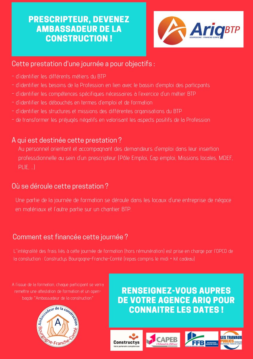 ARIQBTPBFC's tweet photo. Prescripteur : devenez ambassadeur de la construction
#formation #BTP #ambassadeur #prescripteur #ariqbtp https://t.co/zwgb02fDg9