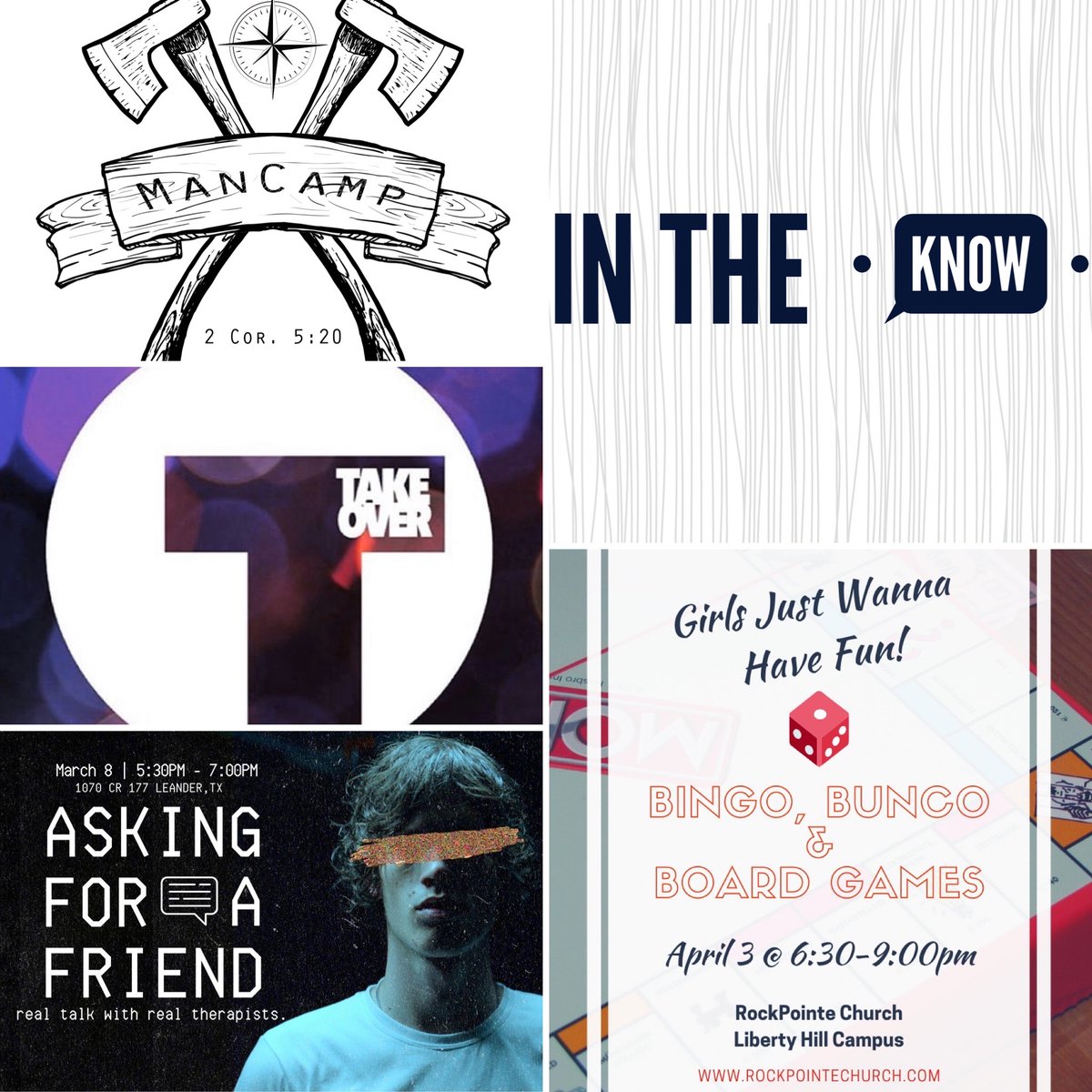 rockpointechrch's tweet photo. Your weekly In The Know! Visit the site or app for more details! 
-Man Camp: Register &amp; sign up today!
-Asking for a Friend: Text your questions now  512-790-4114
-TakeOver: 2nite from 6:30-8:30 for grades 6th-12th
-Girls Just Wanna Have Fun! Save the date for our next event! https://t.co/CwW0q92rjG