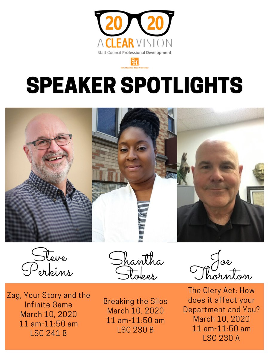 Professional Development Conference will be here soon! Don't miss these great speakers! Breaking Silos, Clery Act and more! #SHSU #aClearVision2020 #StaffCouncilPDC #BreakingSilos #CleryAct #InfiniteGame #shsuStaffCouncil <a href="/SHSUPD/">SHSU Police Department</a>