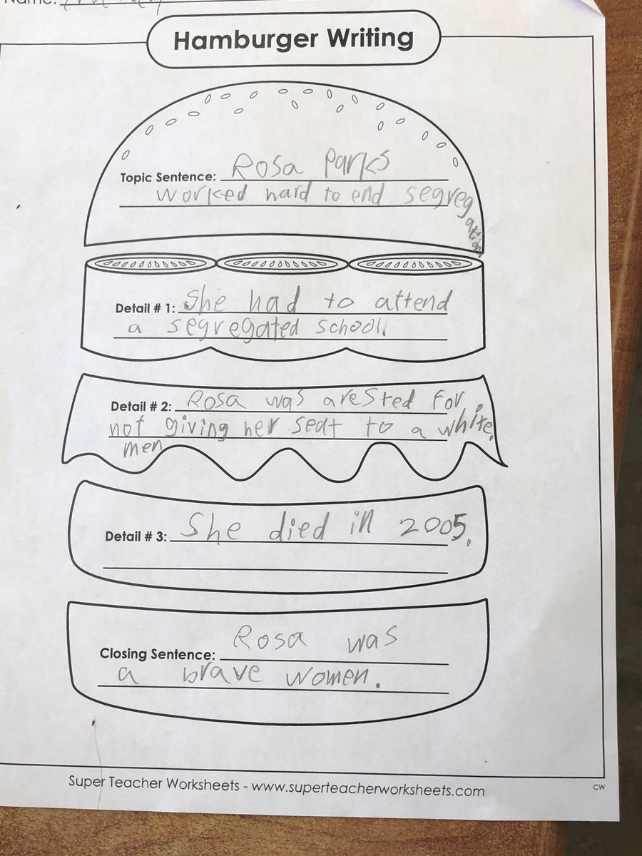 GatewaySciElem's tweet photo. First Grade students use “Hamburger Writing” to create paragraphs about Rosa Parks. #weareconcept #gogators #blackhistory #civilrightleader https://t.co/8beYAtqJgo