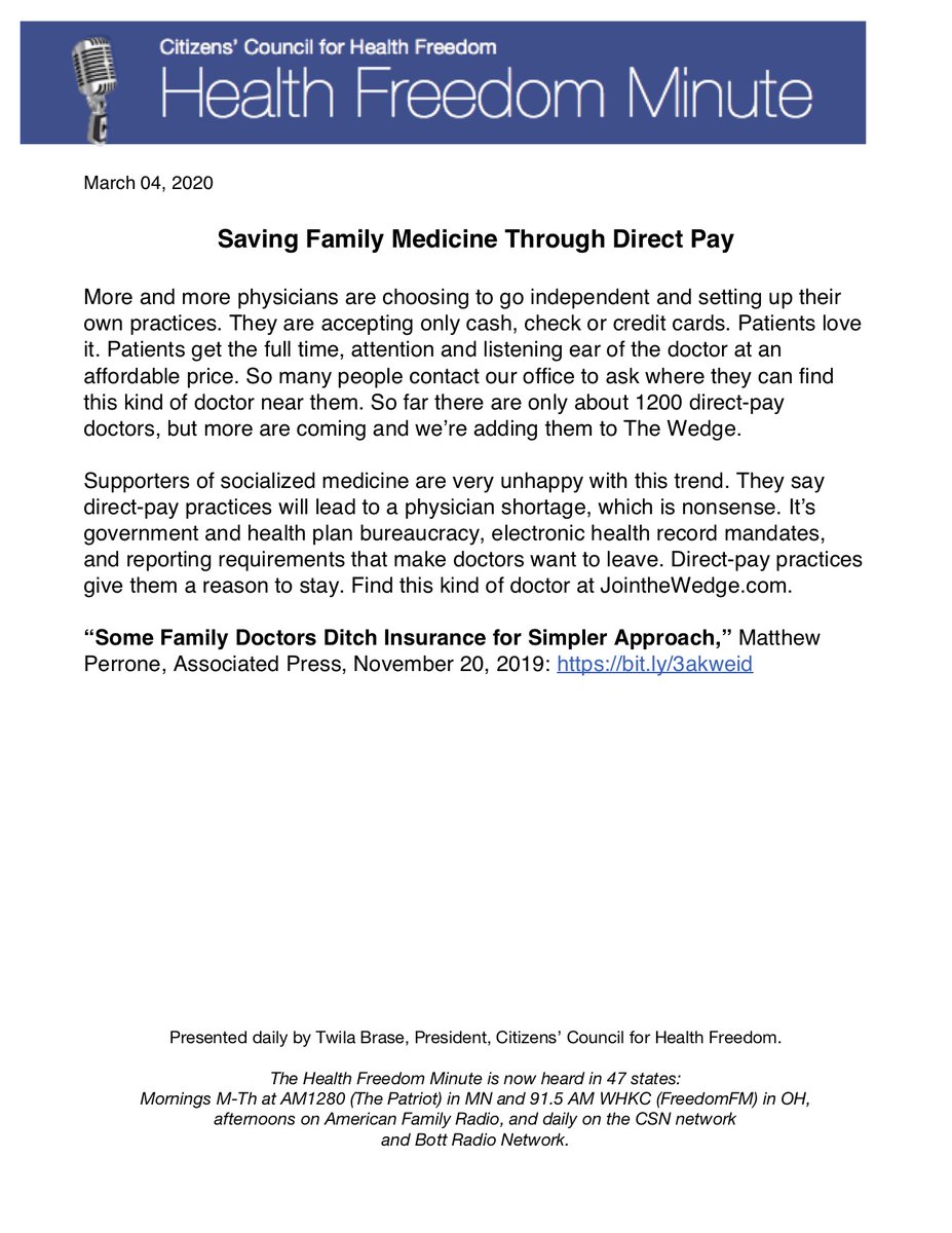 Saving Family Medicine Through Direct Pay | Listen to Today's HFM audio on CCHF's Homepage: cchfreedom.org