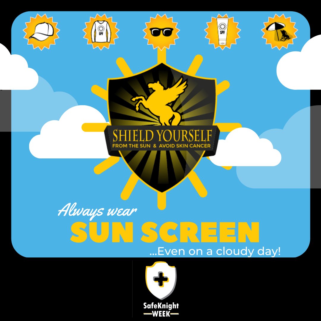 UCFHealthCenter's tweet photo. The UV rays can damage skin in just 15 minutes! Reduce your risk of skin damage &amp; cancer by:
• Applying sunscreen (SPF 15+), even on cloudy or cool days
• Wearing a brimmed hat + sunglasses that block UVA + UVB rays
• Covering up with clothing
• Seeking shade
#SafeKnightWeek https://t.co/pSR5O4Zxiq