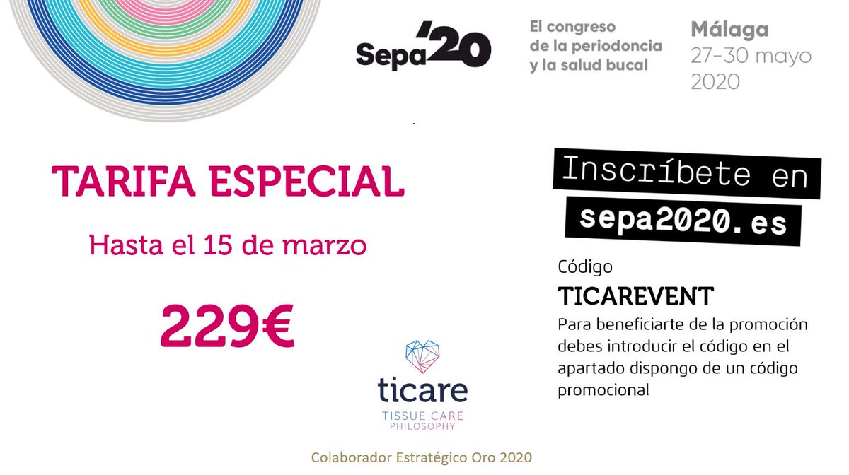 ticareimplants's tweet photo. 📢¡TARIFA ESPECIAL! #ticareImplants es colaborador estratégico oro de #Sepa2020 Por ello si te inscribes con el código: TICAREVENT antes del 15 de marzo, tendrás una tarifa esepecial. ¡No te quedes sin tu plaza! ▶️ https://t.co/M2D8IFVF3v @SEPAperiodoncia https://t.co/dur6sv32wo