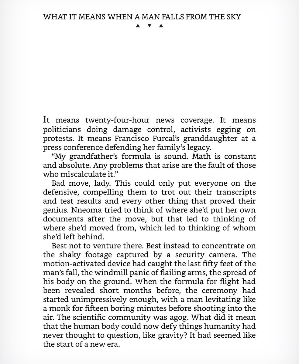 3/4/2020: "What It Means When a Man Falls From the Sky" by  @larimah, the title story of her 2017 collection from  @riverheadbooks. Available online at  @CatapultStory:  https://catapult.co/stories/some-mathematicians-remove-pain-some-of-us-deal-in-negative-emotions-we-all-fix-the-equation-of-a-person