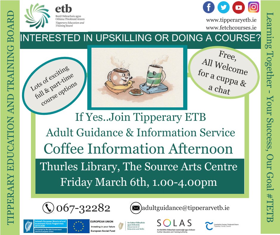 fet_nenagh's tweet photo. Don't forget to pop in to us at #Thurles Library @TippLib @sourcearts on Friday, we are there from 1-4pm chatting all things #FurtherEducation & #Training, one of our #InformationEvents celebrating #AdultLearners @aontas @TipperaryETB @thurles_ie https://t.co/8Hf0WWw5fj