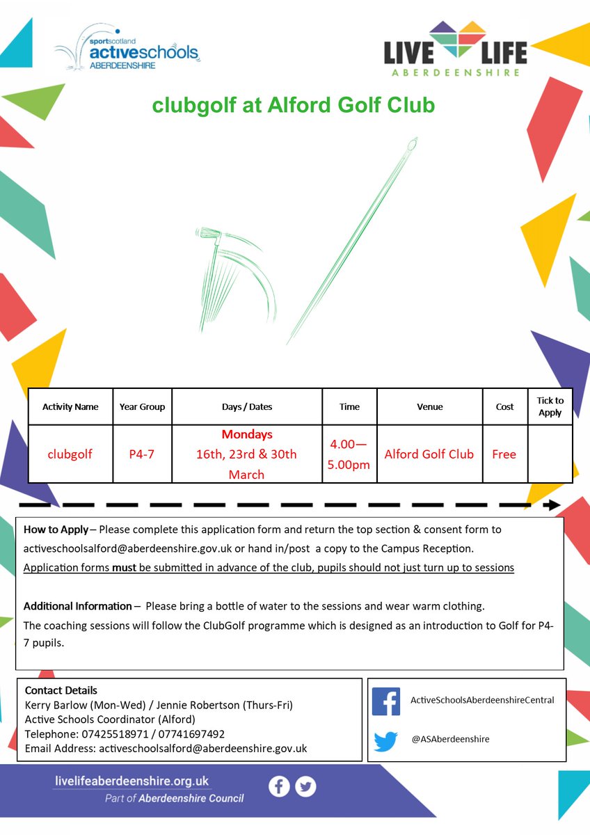 ASAberdeenshire's tweet image. #ActiveSchoolsAlford are delighted to announce a working partnership with Alford Golf Club offering clubgolf coaching sessions for P4-P7 pupils

#makingsportmoreaccessible #improvesactivity

@AlfordPrimSchHT
@CraigievarSch
@EchtPrimary
@LumsdenSchool
@StrathdonSch
@ToughSchool1