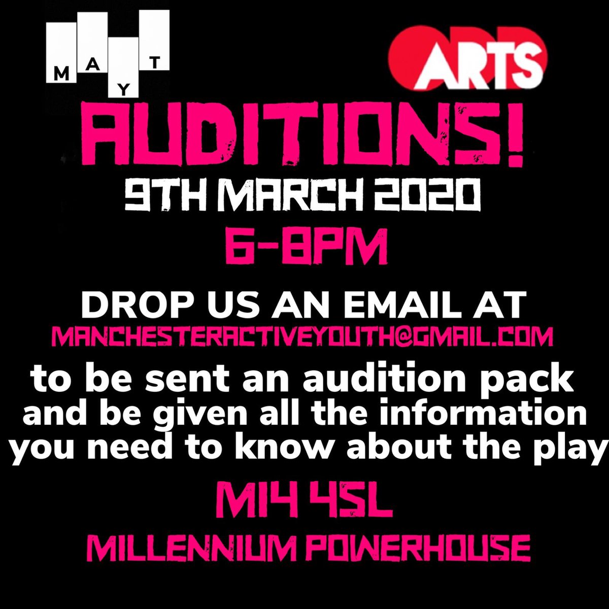 OddArtsUK's tweet photo. 🤩AUDITIONS👇🏽happening this Monday 9th March @msmpowerhouse from 6pm. Our youth led youth #theatre is hotting up!! 😎🎭 @MYL_info #oddarts #auditions #youththeatre #manchester #mayt
#punkrock #drama #monday #mossaidemillenniumpowerhouse https://t.co/A14rYYarZJ