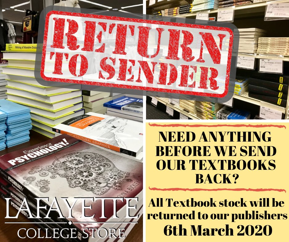 LafColStore's tweet image. The College Store will be clearing our textbooks off the shelves, and sending them back to our suppliers for re-circulation - if you need any textbooks, now is a good time to get them before they're gone!
@LafCol #LafayetteSustainability