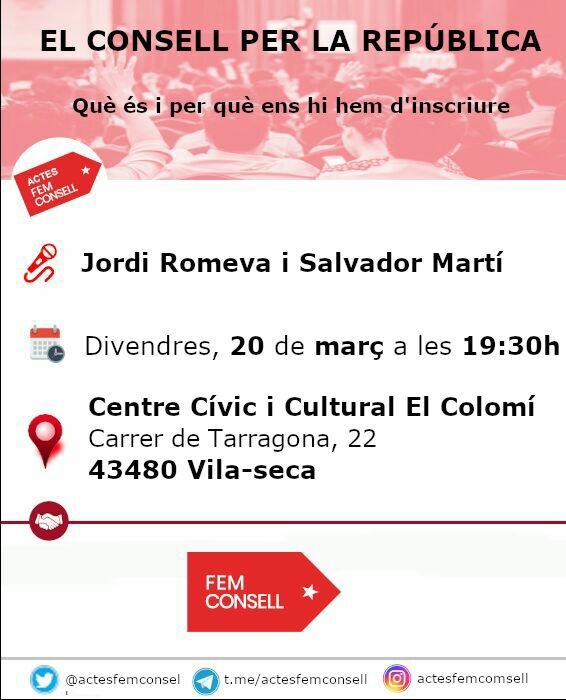 VSxI's tweet photo. Divendres 20 de març a Vila-seca hi tens una cita. Vine a les 19:30 al Centre cívic del Colomí, i informa't! https://t.co/FlbH5kJrsL