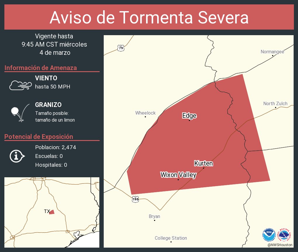 Aviso de Tormenta Severa incluye Kurten TX, Wixon Valley TX, Edge TX