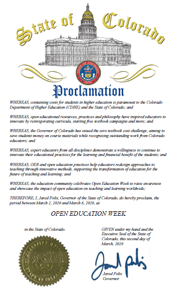 Thank you to <a href="/GovofCO/">Governor Jared Polis</a> for officially proclaiming #OEWeek in #Colorado! <a href="/CoHigherEd/">CO Dept of Higher Education</a> <a href="/codepted/">CO Dept of Education</a>