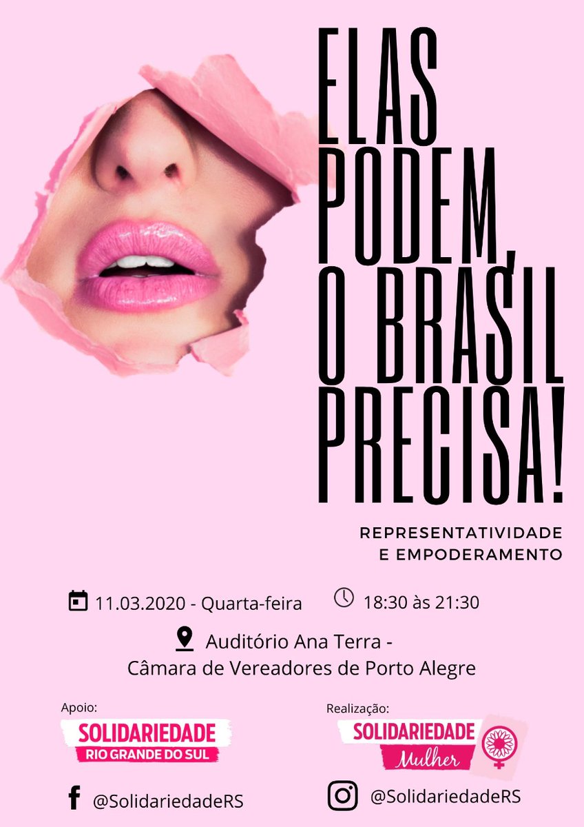 SolidariedadeRS's tweet photo. Celebrando o mês da Mulher, o Solidariedade RS discute dois temas relacionados à luta por igualdade, respeito e oportunidades. O evento “Elas podem, o Brasil precisa!” acontece na próxima quarta-feira (11), abordando empoderamento e representatividade.

https://t.co/yPX78myNs7 https://t.co/o7iFm4FUiv