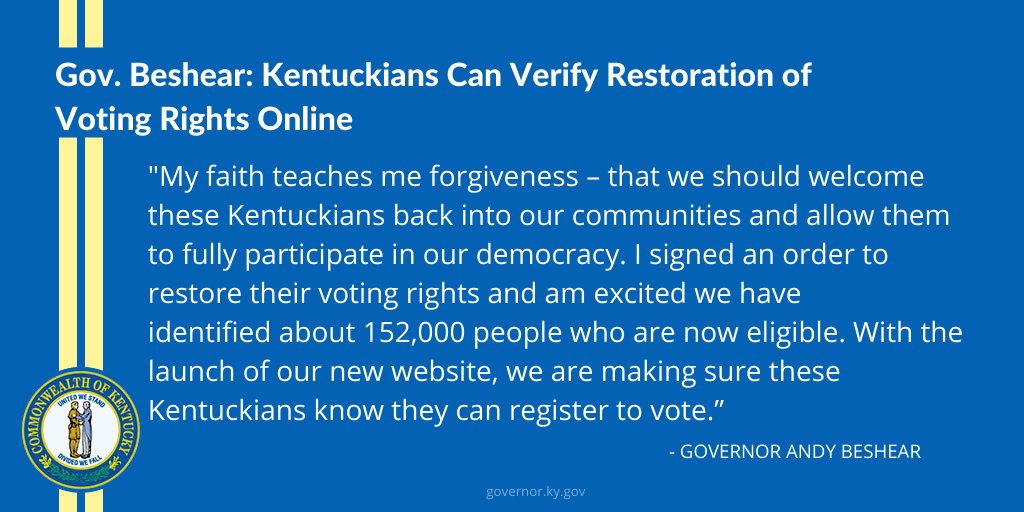 GovAndyBeshear's tweet photo. Over 152,000 individuals eligible to register to vote immediately. https://t.co/9uuGebiuoV #TeamKentucky https://t.co/ivsKuwyFip