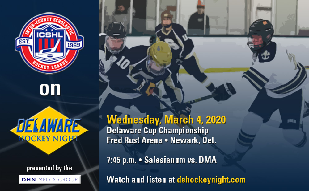 DEHockeyNetwork's tweet photo. The rubber match of the #BattleOfDelaware will settle the #DECup2020! Tonight, at @UDIceArenas:
7:45: @SalsIceHockey vs. @SeahawkSection
If you are unable to attend, watch or listen LIVE at https://t.co/JVYNjmoG5l.
@ICSHL_hockey @TheFlyersCup @demilacad @Salesianum https://t.co/wT9WEtOSts
