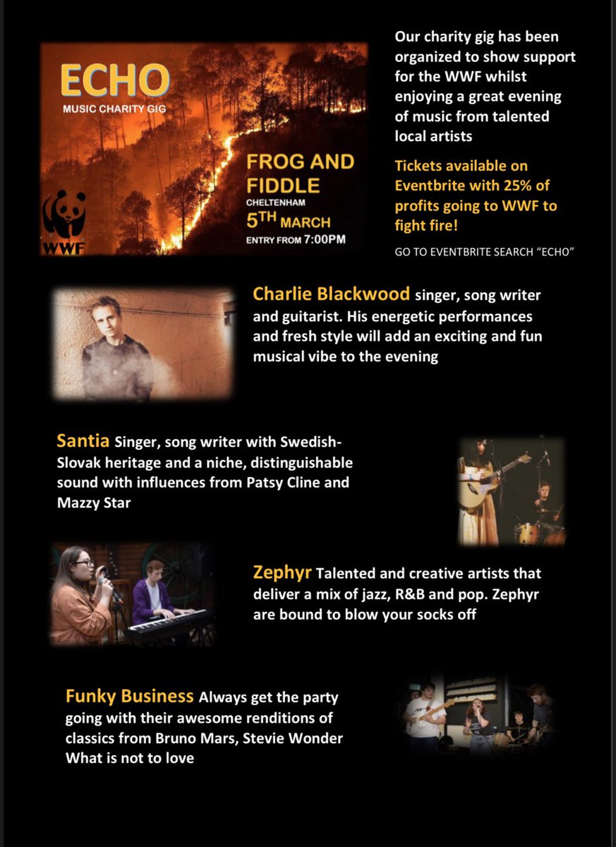 MusicBizUoG's tweet photo. ECHO // CHARITY GIG // 5TH MARCH

Come to @FrogAndFiddle 5/3 for a night of music feat. #charlieblackwood #santia #zephyr and #funkybusiness all in aid of @WWF https://t.co/gHShFCaxdL