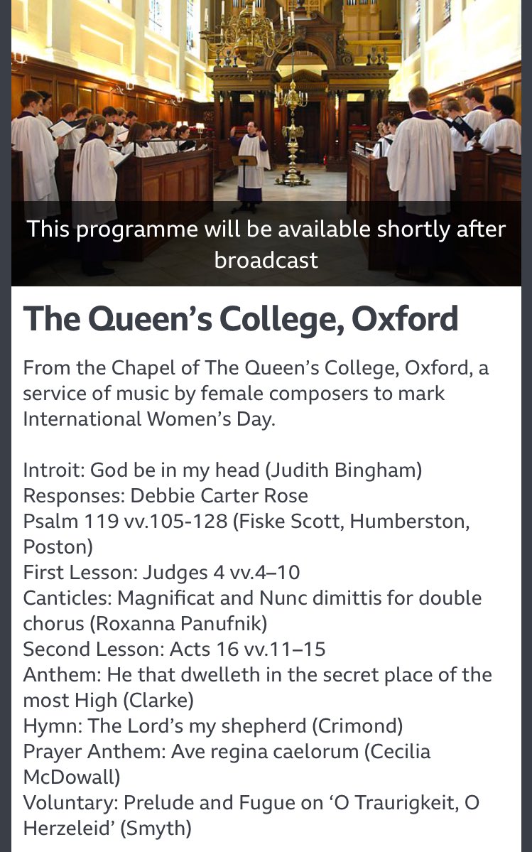 queenschoir's tweet photo. Tune in at 3.30pm TODAY for a feast of music by female composers, even down to the hymn tune. The broadcast will be repeated on #InternationalWomensDay (Sunday 8 March, 3pm)
https://t.co/Lw3OrtfHS9

@binghamcomposer @RoxannaPanufnik #CeciliaMcDowall #RebeccaClarke https://t.co/Z40aOKllKP