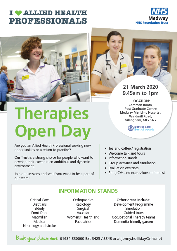 Pleased to announce <a href="/Medway_NHS_FT/">Medway NHS Foundation Trust</a> #Therapies #recruitment Day, Sat 21st March.  Share with your networks or get in touch to book your place. We're seeking newly qualified, return to practice or those seeking a new opportunity. All welcome to attend! <a href="/theRCOT/">Royal College of Occupational Therapists</a>