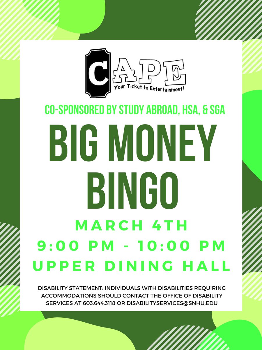 ATTN SNHUDENTS‼️Tonight is going to be the BIGGEST big money bingo of the year! The first 250 people in attendance will receive a munchiez voucher for FREE fries! We will be giving away 8 awesome prizes! There will also be a huge announcement at the end of bingo!