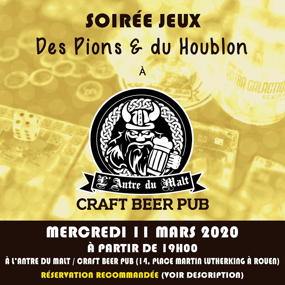 #soireejeux à l'Antre du Malt, ce mercredi 11 mars à partir de 19h. Réservez gratuitement via :  http://opn. to/a/HI9Vo (effacez l'espace dans le lien).  #j2s  #jds  #jeuxdesociete  #craftbeer  #rouen  #seinemaritime
