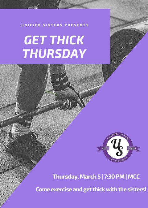Spring break is right around the corner! Come get your body right with us for our Get Thick Thursday tomorrow in the MCC at 7:30 🤗 See you soon!💜✨