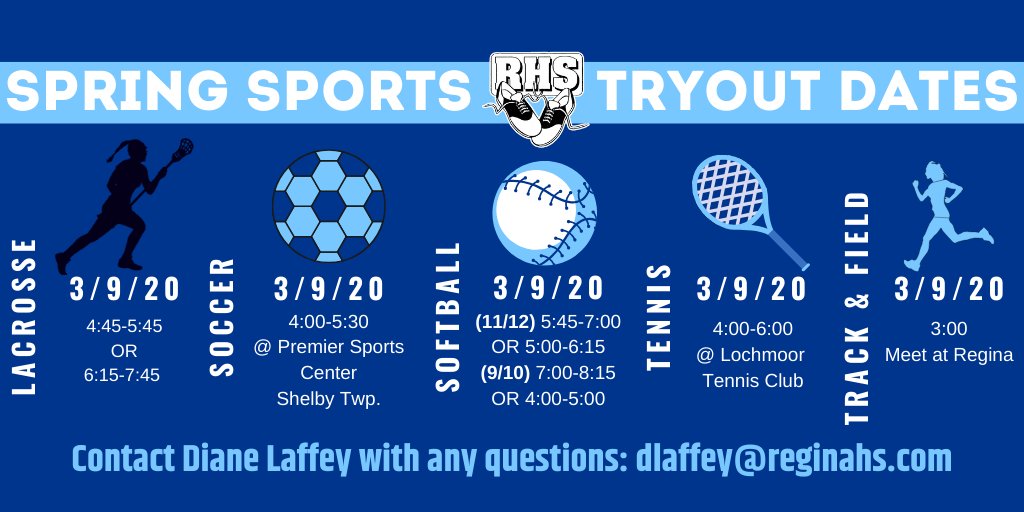 SPRING SPORTS TRYOUT INFORMATION! 
Some times are dependent on basketball districts this week. Stay tuned for more info by the end of the week, but when in doubt, ask your coach or Laffey! Make sure you have a physical on file!